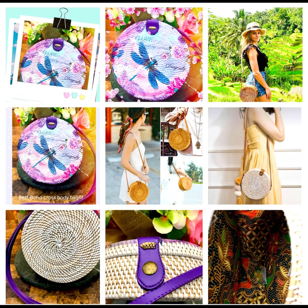 New Imported Boho Handmade Round Woven Handbag Bali Rattan Crossbody Beach Bag